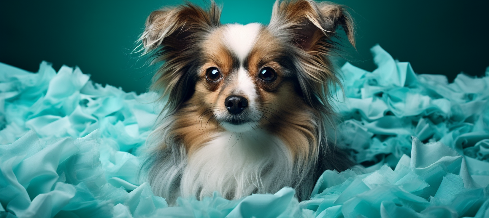 une photographie d'un chien avec un foulard turquoise qui peint une toile d'artiste avec un pinceau et une palette de couleur, fond turquoise.