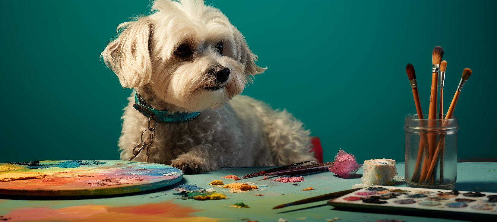 une photographie d'un chien avec un foulard turquoise qui peint une toile d'artiste avec un pinceau et une palette de couleur, fond turquoise.