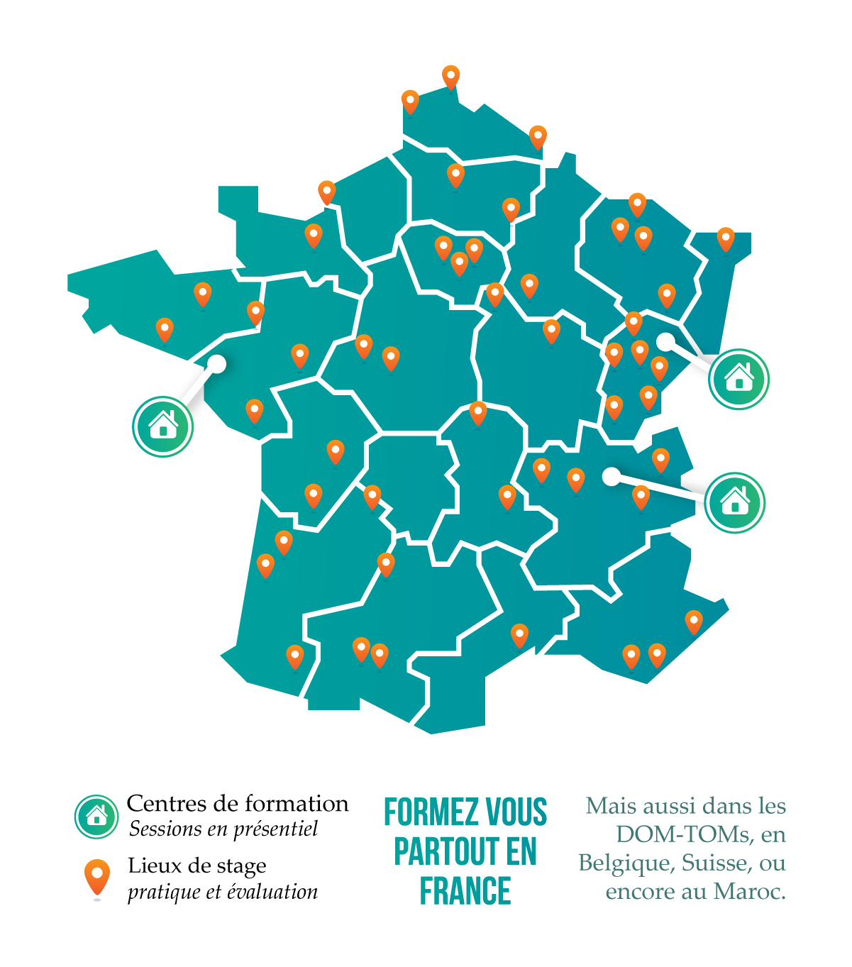 Carte de France avec les zones attribuées pour les stages pratiques et les centres de formation pour réaliser les sessions au centre, réaliser votre formation dans toute la France